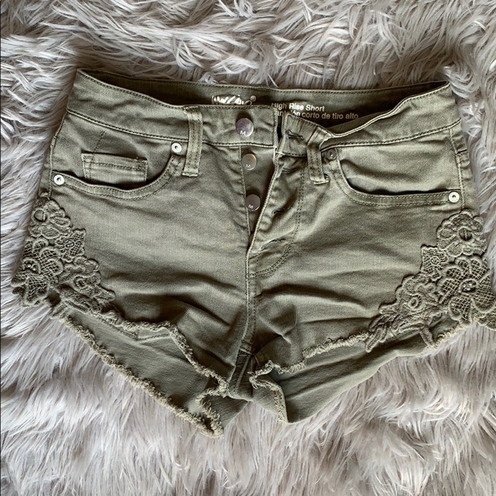 high rise green denim crochet detail